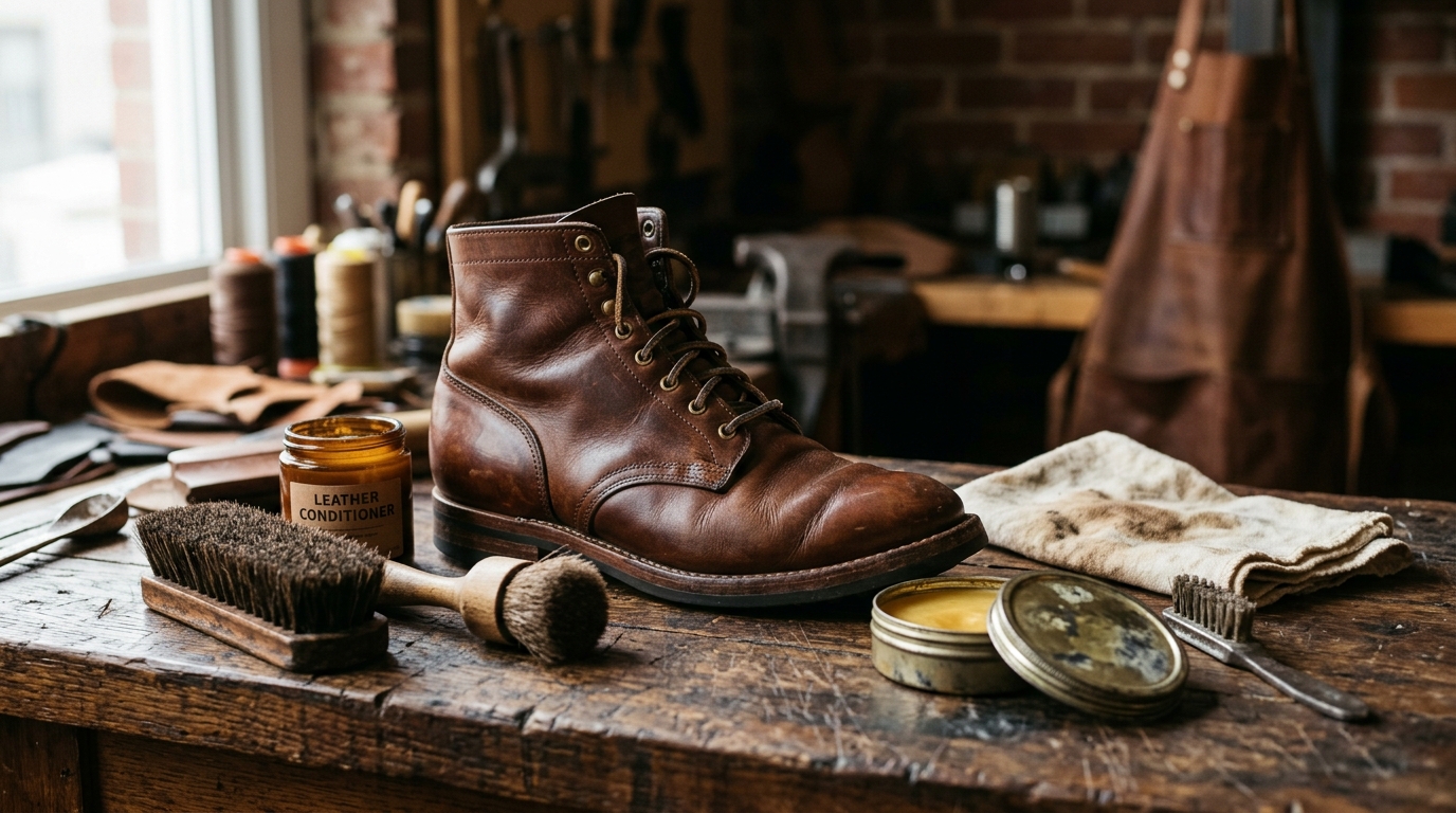 Editorial photograph of boot care essentials including leather creams, beeswax tins and horsehair brushes on a cobbler workbench