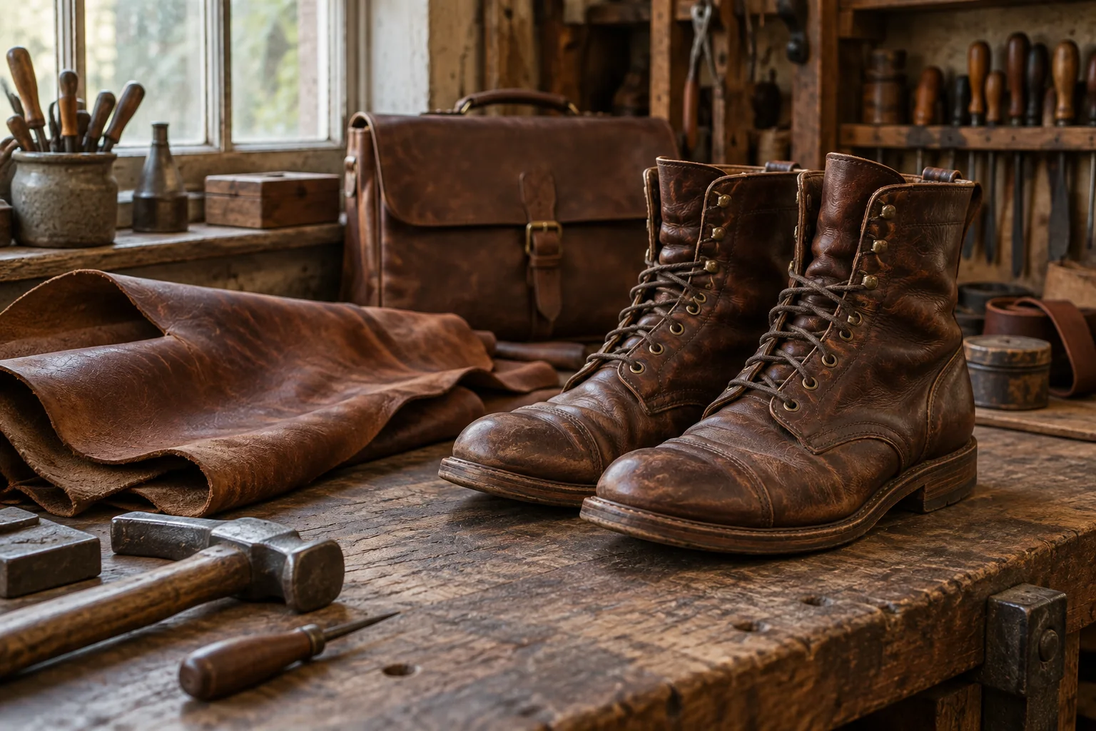 Well-worn leather boots on a traditional cobbler's workbench beside leather hides
