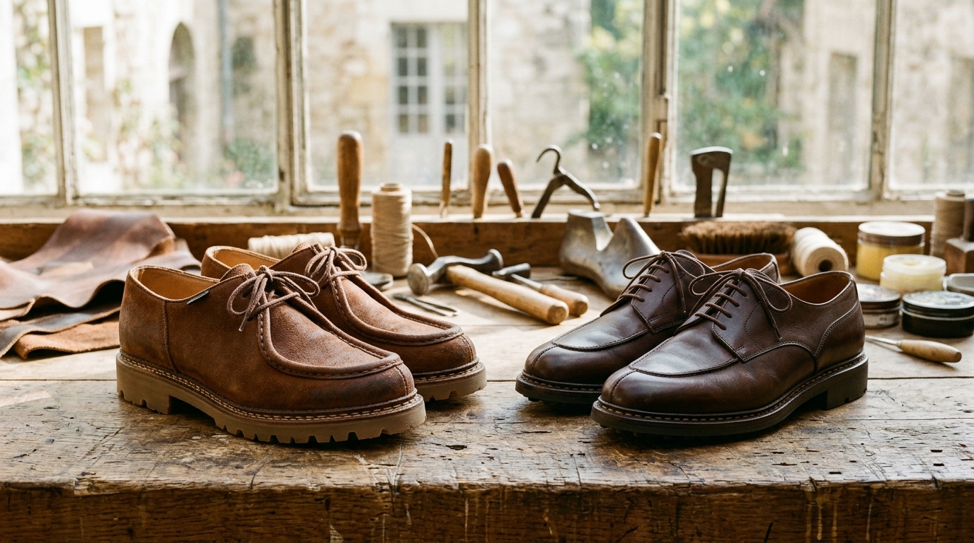 Editorial photograph of Paraboot Michael Tyrolean derbies and Chambord U-tip shoes on a cobbler workbench