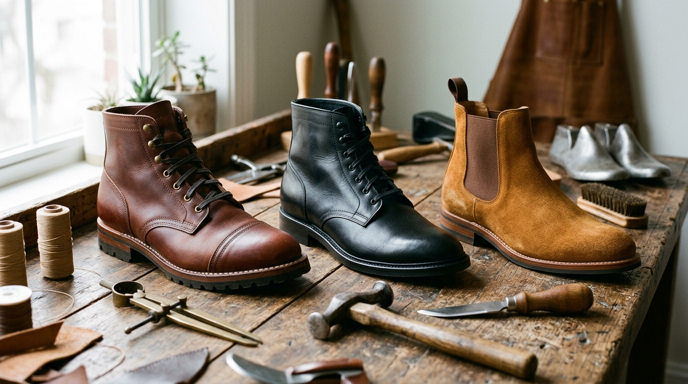 Editorial photograph of Thursday Boot Company heritage boots including the brown Captain, black President and honey suede Duke on a workshop bench